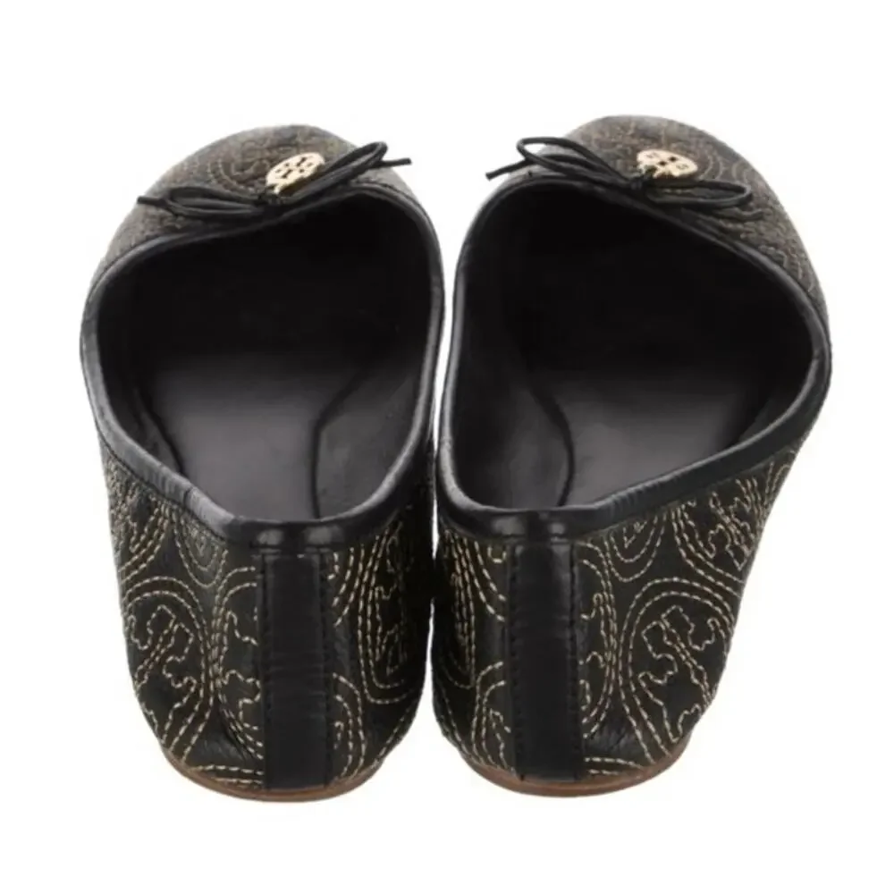 Tory Burch Leather Printed Ballet Flats Floral Logo Reva Classic Shoes Women 6.5